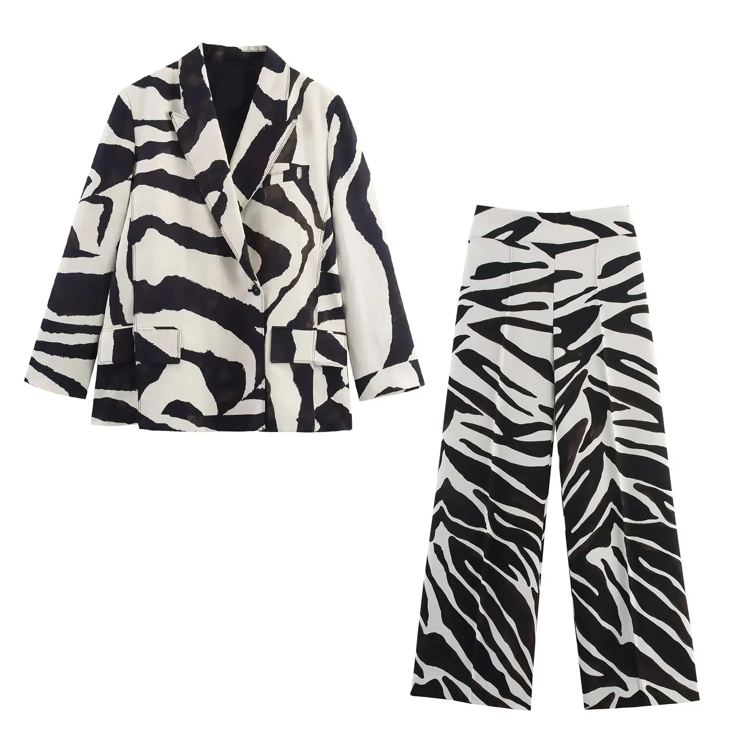 Women Zebra Stripes Suit  Pocket Single Deduction Decorate Turn-Down Collar Blazer Jacket+Zipper Casual Wide-Leg Pants