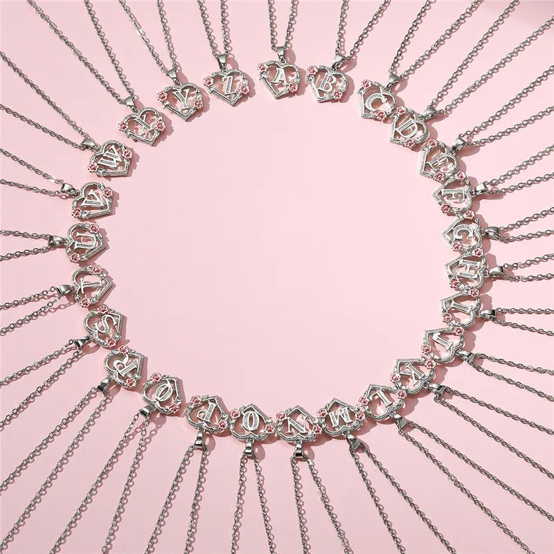 Cute Female A-Z Letter Flower Pendant Necklace Silver Color  Jewelry Gift For Women