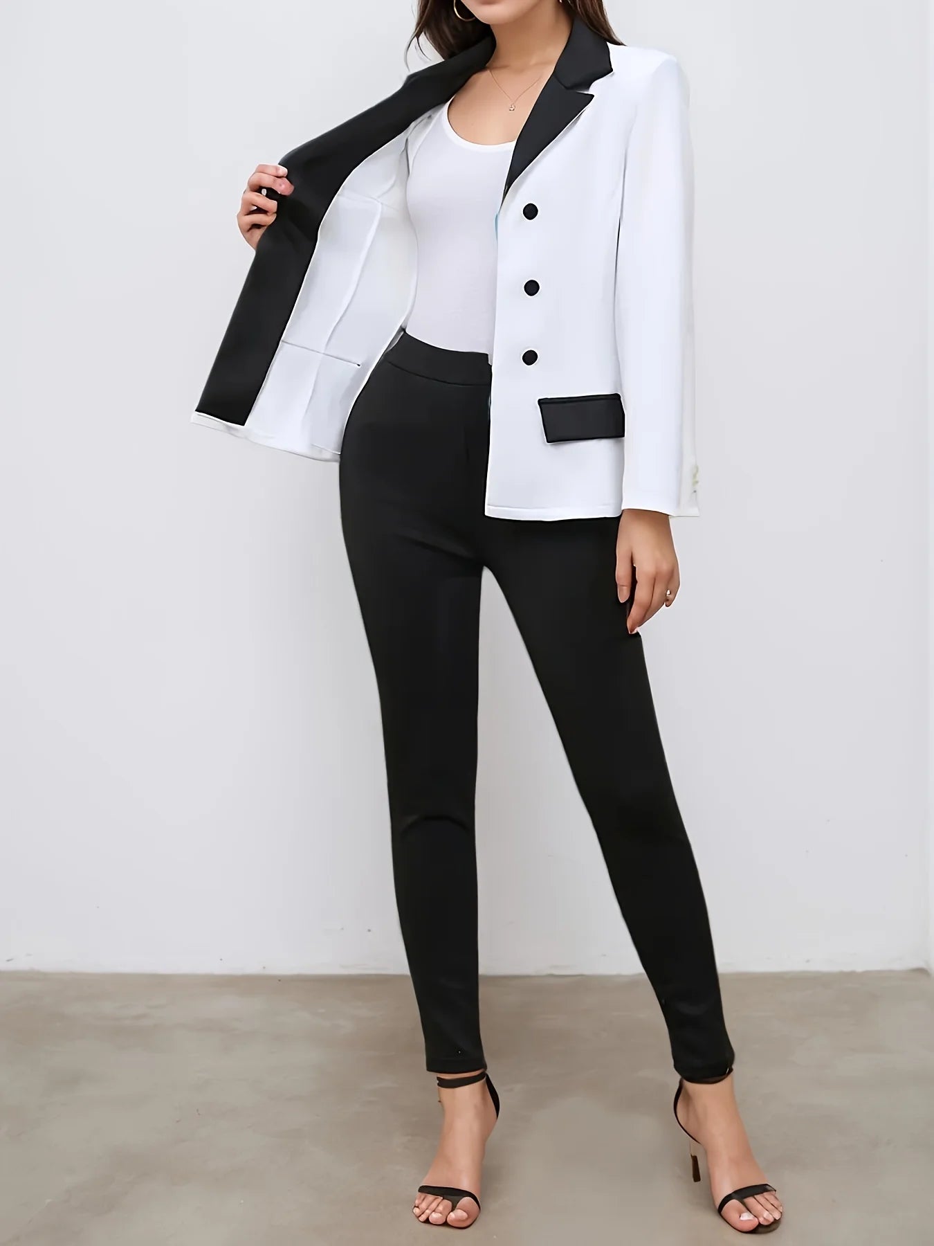 Color block two-piece set, casual button up front suit jacket and straight leg pants, women's clothing, fashionable
