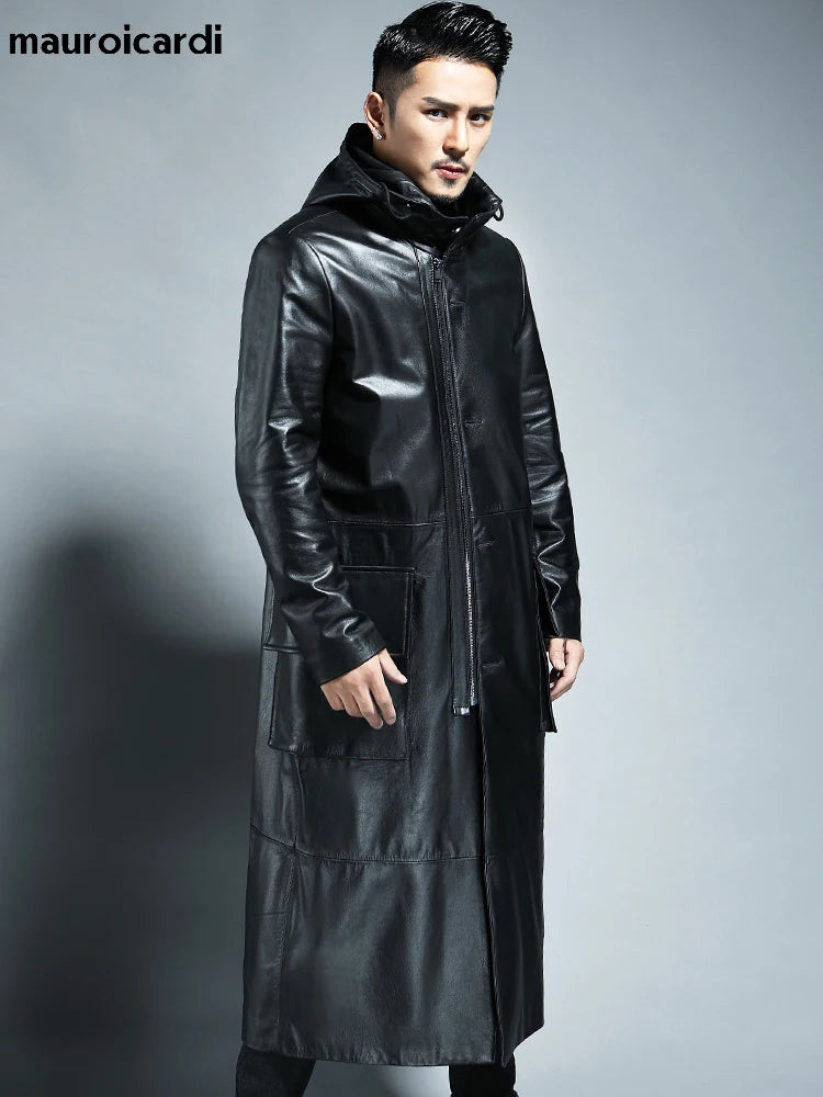 Spring Autumn Extra Long Black Loose Waterproof Windproof Soft Pu Leather Trench Coats Men with Hood Zip Up Overcoat
