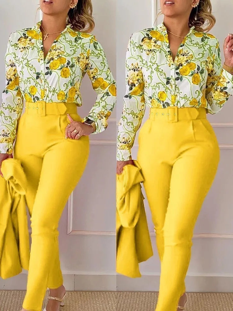 Stand Neck Floral Print Long Sleeve Shirt Pants Two Piece Sets Elegant Women Casual Shirt Trousers Suits With Belt