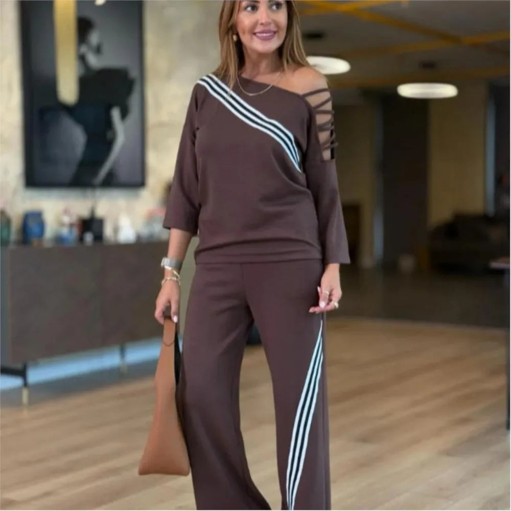 Fashion Printed Striped Cutout 7-inch Sleeve T-shirt Women Long Pants 2piece Set Autumn Casual Loose Sport Long Pants Set