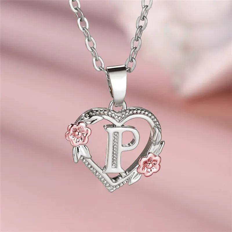 Cute Female A-Z Letter Flower Pendant Necklace Silver Color  Jewelry Gift For Women