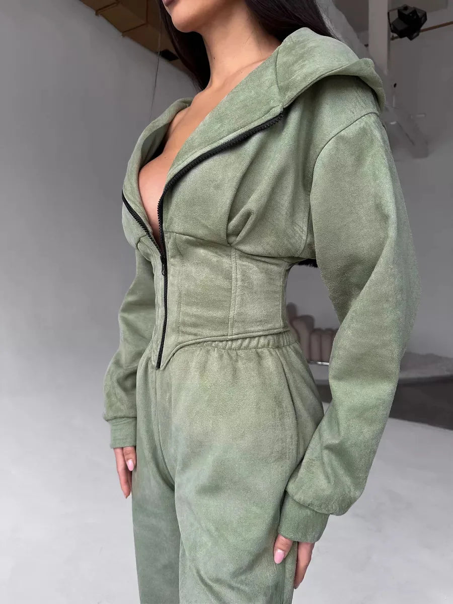 Autumn Solid Color Waist-Cinched Hooded Sweatshirt Long Pants 2-Piece Sporty Casual Set Women's Tracksuit Elegant