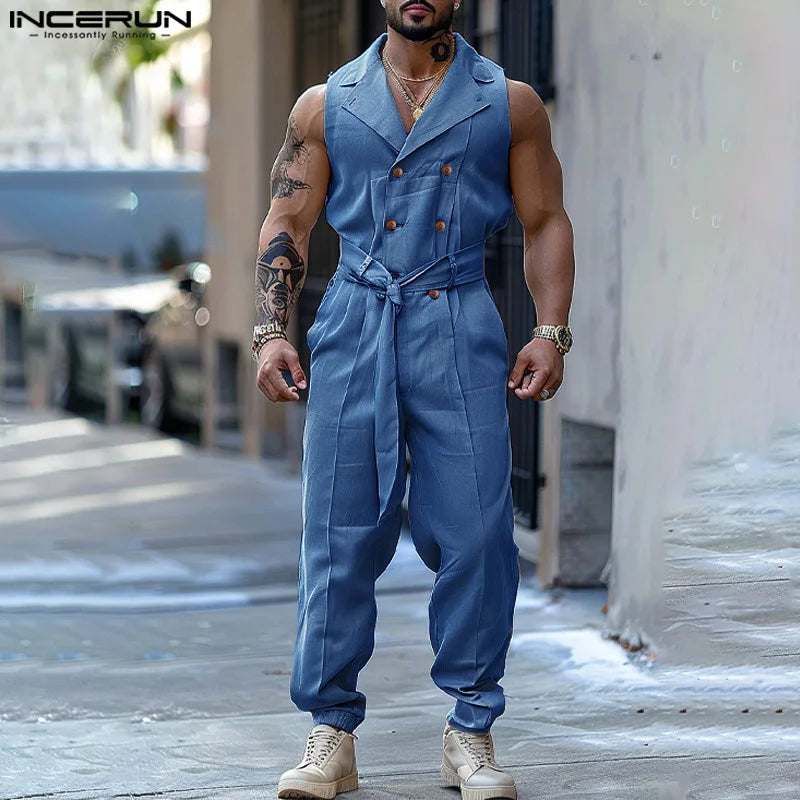 Men Jumpsuits Solid Color Double Breasted Lapel Sleeveless Lace Up Male Rompers Fashion Casual Overalls S-5XL