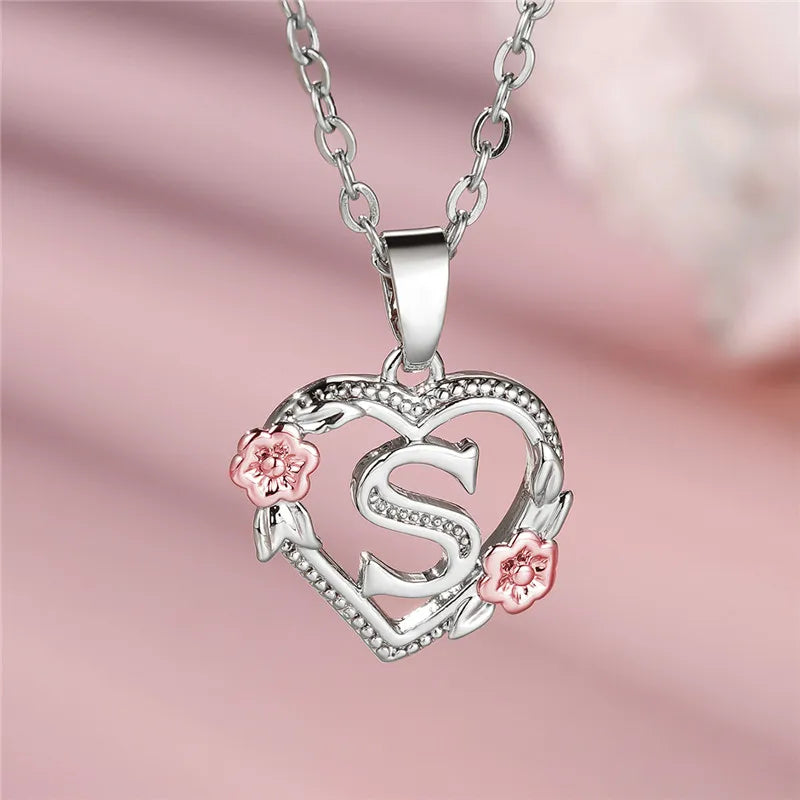 Cute Female A-Z Letter Flower Pendant Necklace Silver Color  Jewelry Gift For Women