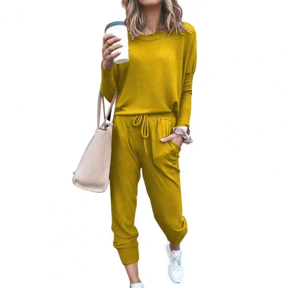 Drawstring Elastic Waist Sweatpants Set Fashion Sporty Casual Pullover Tops Pants Set Lady Tracksuit Set