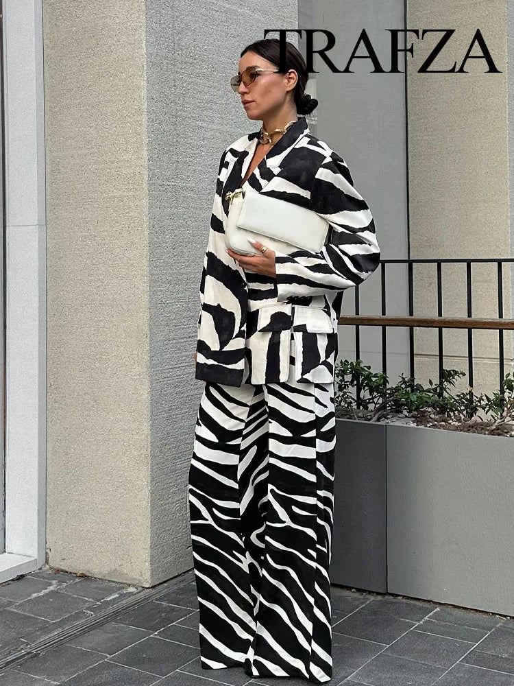 Women Zebra Stripes Suit  Pocket Single Deduction Decorate Turn-Down Collar Blazer Jacket+Zipper Casual Wide-Leg Pants