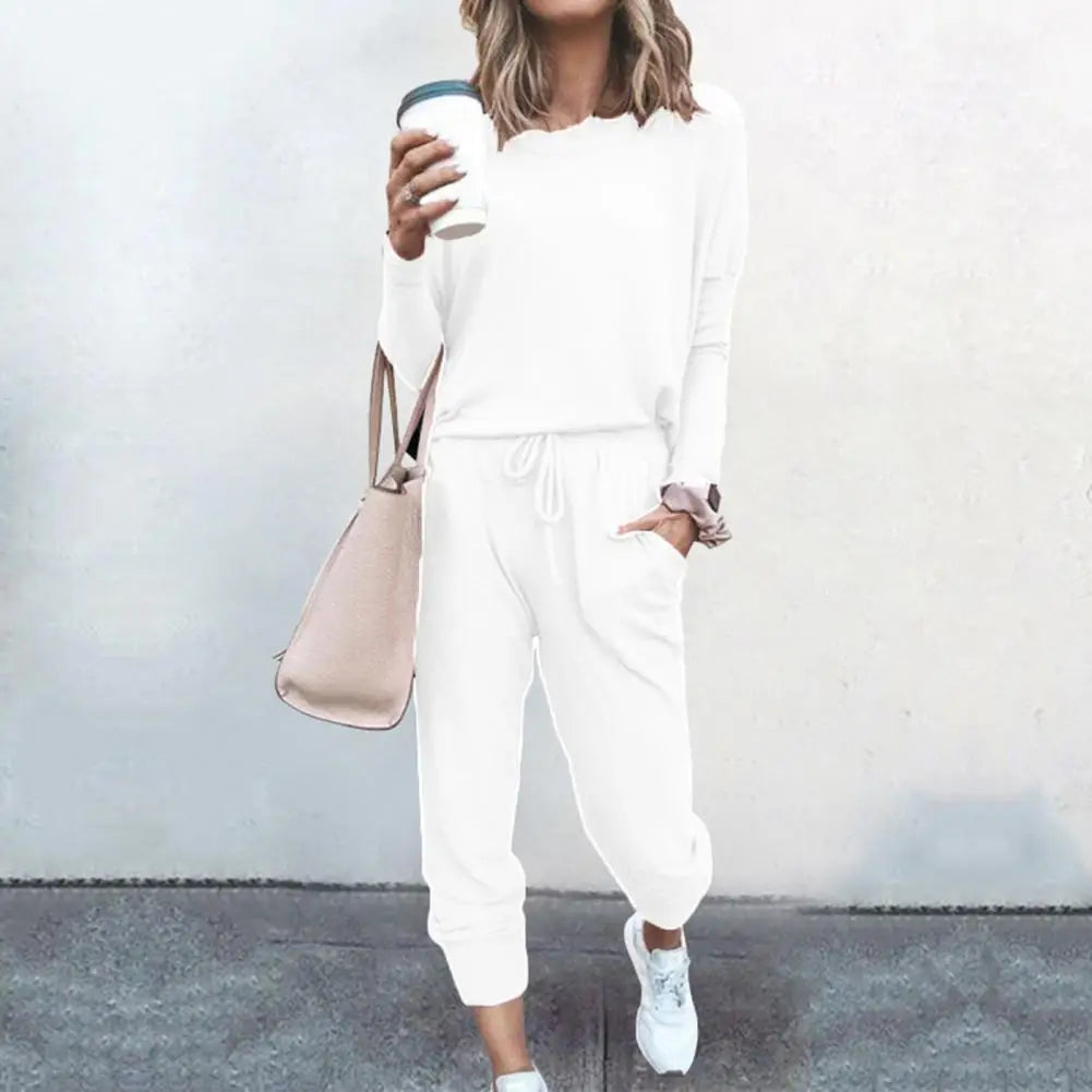 Drawstring Elastic Waist Sweatpants Set Fashion Sporty Casual Pullover Tops Pants Set Lady Tracksuit Set