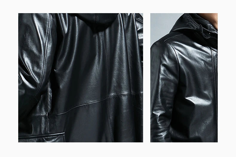 Spring Autumn Extra Long Black Loose Waterproof Windproof Soft Pu Leather Trench Coats Men with Hood Zip Up Overcoat