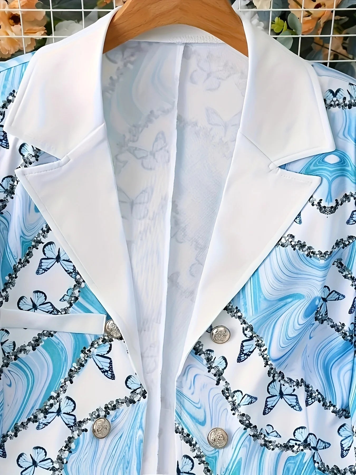 Ladies' Elegant Butterfly Print Two-Piece Suit, Long Sleeved Lapel Suit Jacket and Slim Fit Pants, Suitable for Office and Work