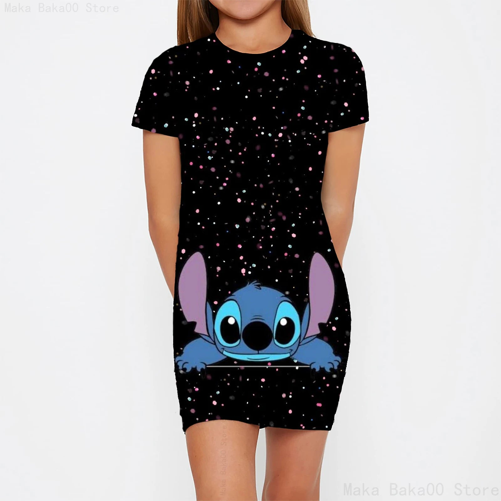 Stitch round neck short-sleeved skirt girls cartoon print tights clothes
