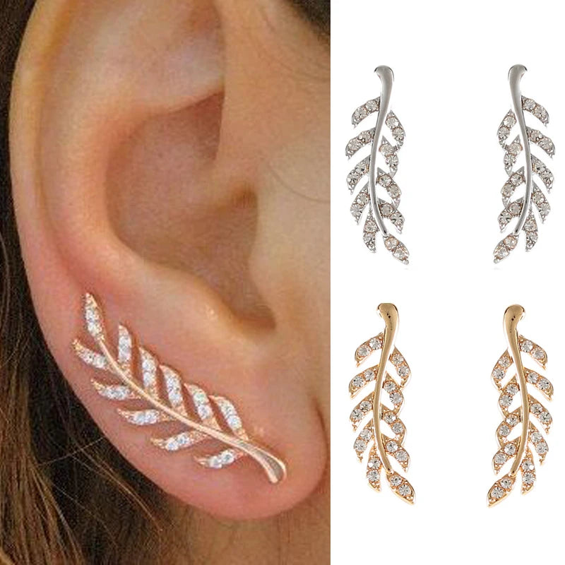Hollow Out Leaves Earrings Trendy Vintage Crystal Ear Stud Wheat Unique Design Silver Golden Color Jewelry Gift
