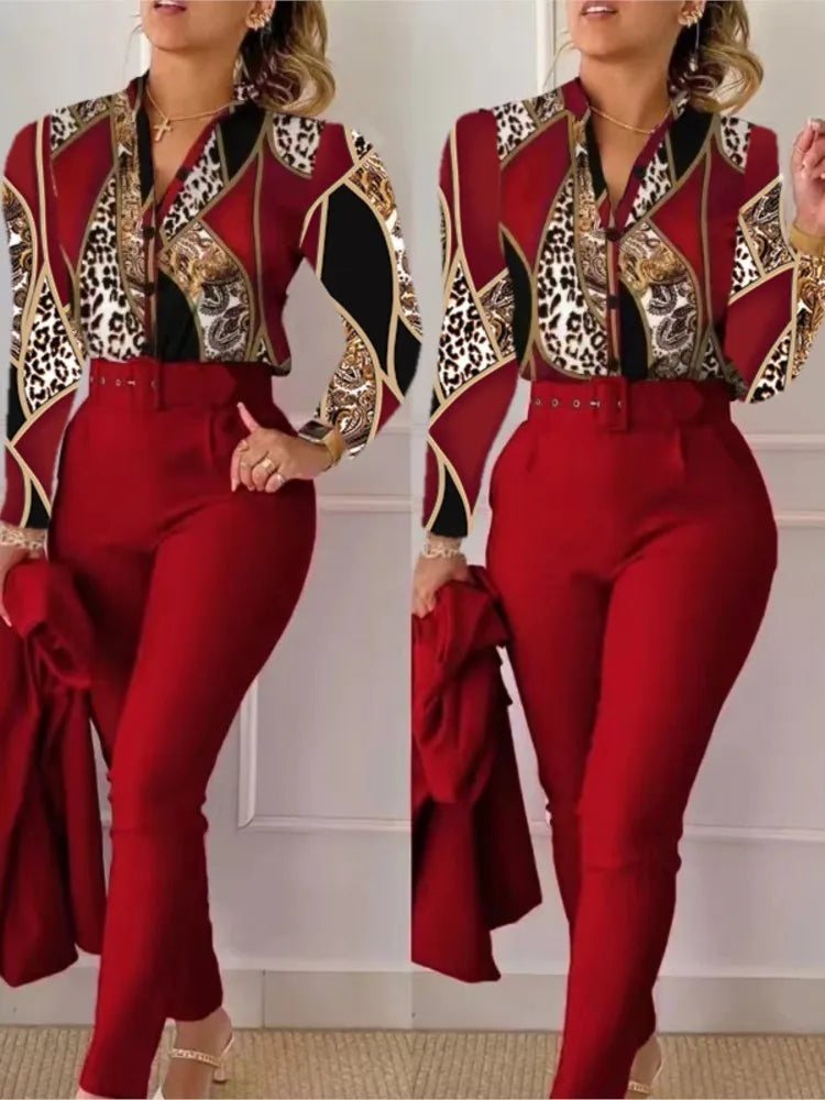 Stand Neck Floral Print Long Sleeve Shirt Pants Two Piece Sets Elegant Women Casual Shirt Trousers Suits With Belt