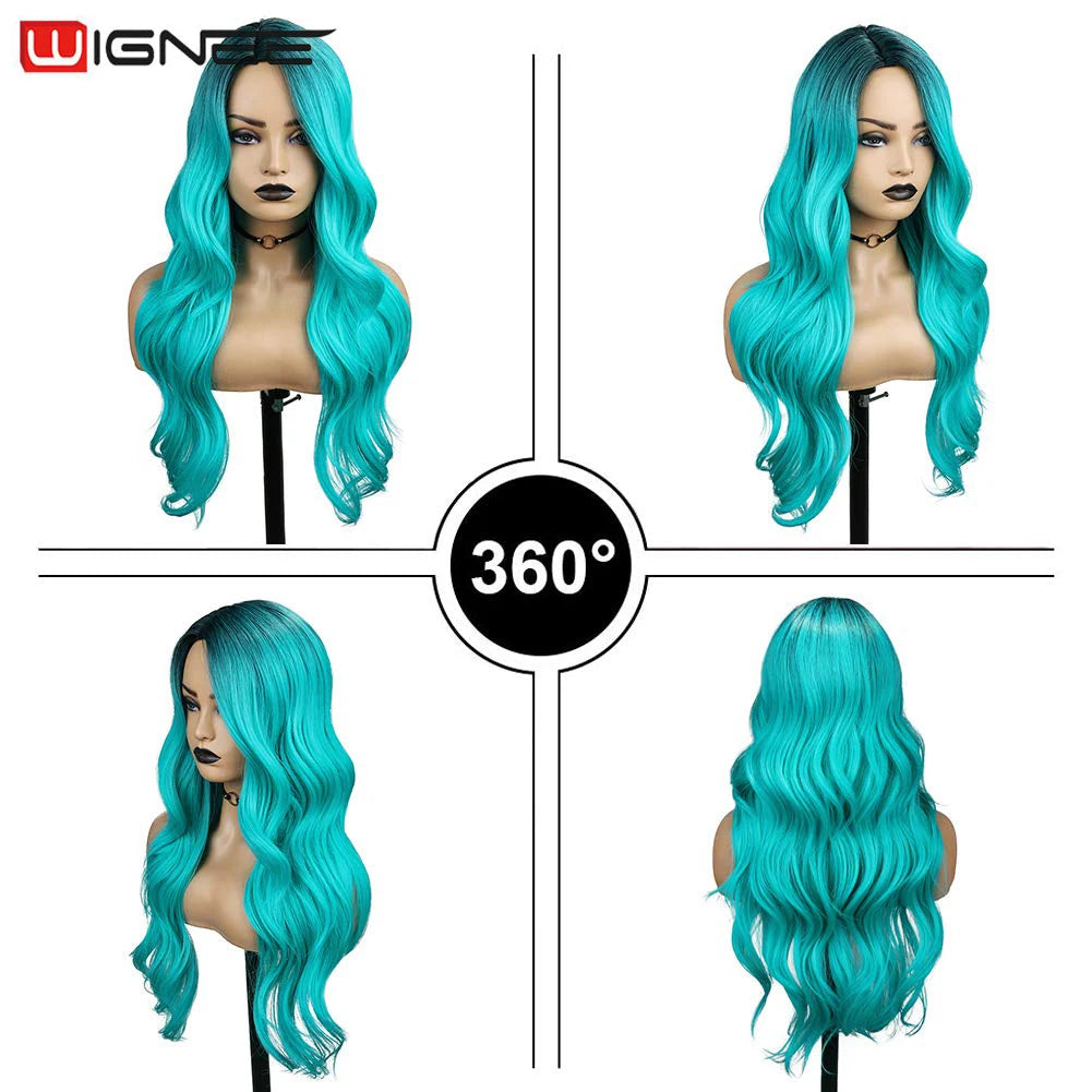 Light Blue Wig Synthetic Ombre Long Wavy Body Wave Side Part Heat Resistant Natural Hair Wigs