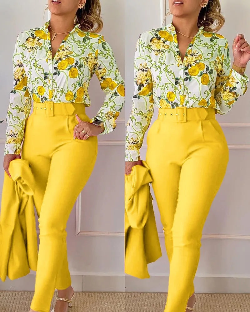 Stand Neck Floral Print Long Sleeve Shirt Pants Two Piece Sets Elegant Women Casual Shirt Trousers Suits With Belt