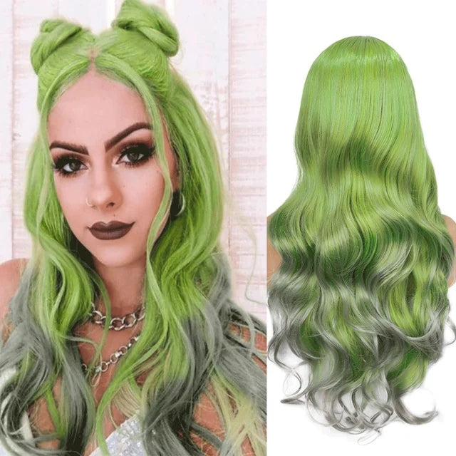 Light Blue Wig Synthetic Ombre Long Wavy Body Wave Side Part Heat Resistant Natural Hair Wigs