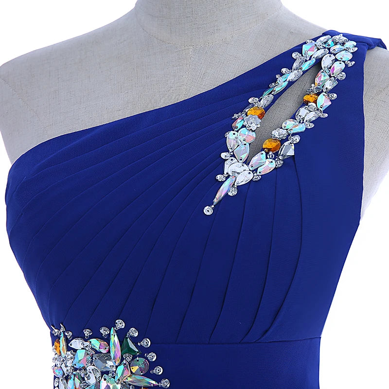 Women Robe De Soire Long Formal Blue Evening Dress Party One Shoulder Chiffon Lace-up Maxi Plus Size