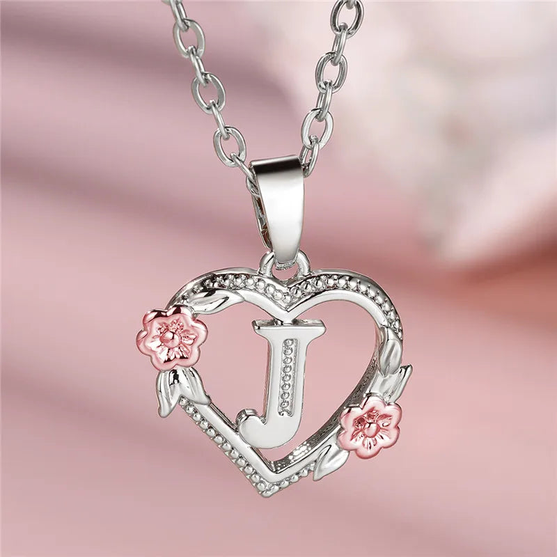 Cute Female A-Z Letter Flower Pendant Necklace Silver Color  Jewelry Gift For Women