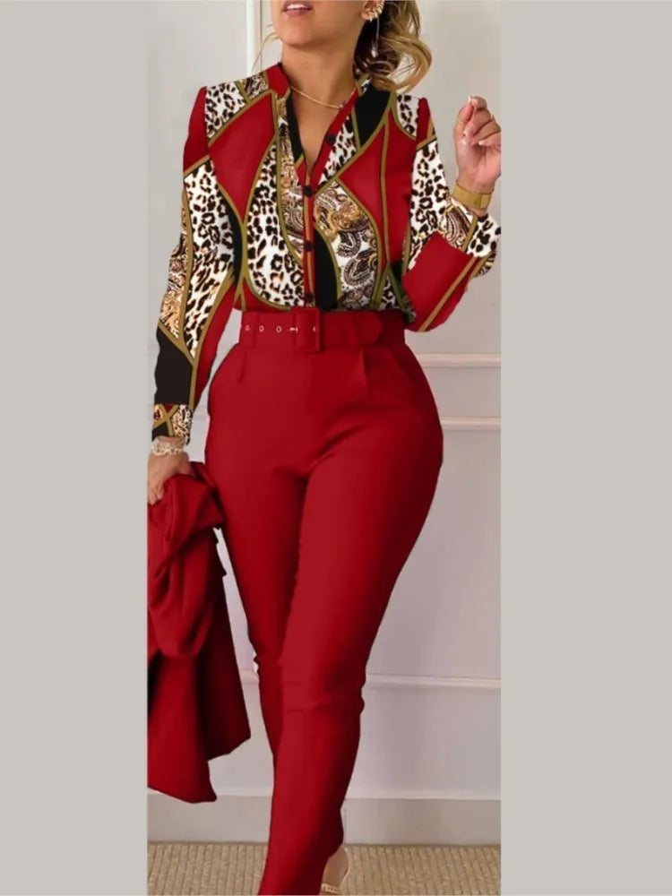 Stand Neck Floral Print Long Sleeve Shirt Pants Two Piece Sets Elegant Women Casual Shirt Trousers Suits With Belt
