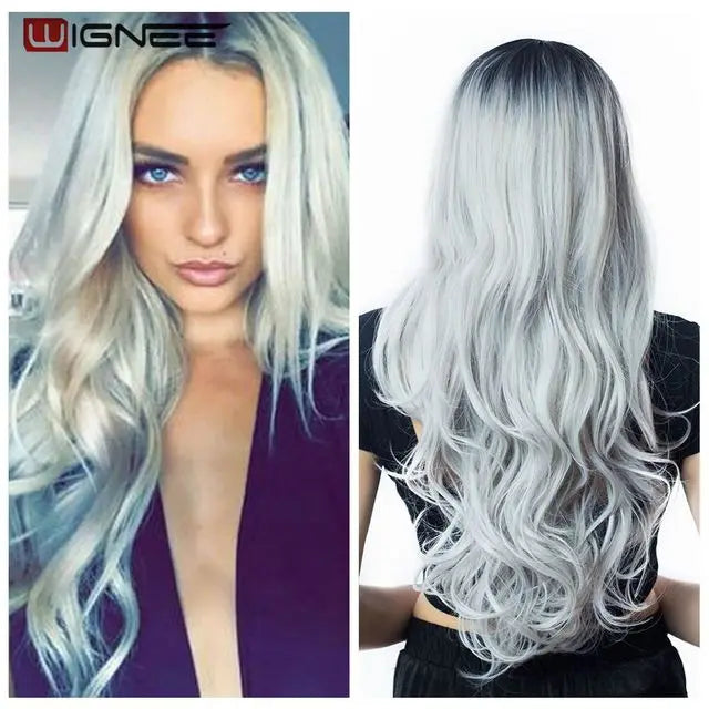 Light Blue Wig Synthetic Ombre Long Wavy Body Wave Side Part Heat Resistant Natural Hair Wigs