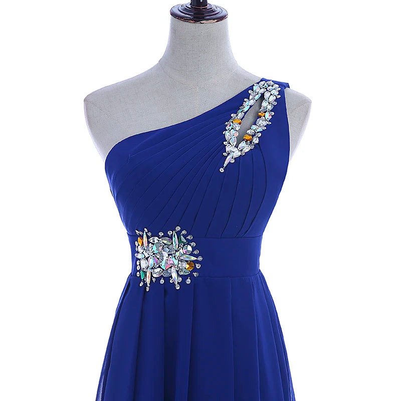 Women Robe De Soire Long Formal Blue Evening Dress Party One Shoulder Chiffon Lace-up Maxi Plus Size