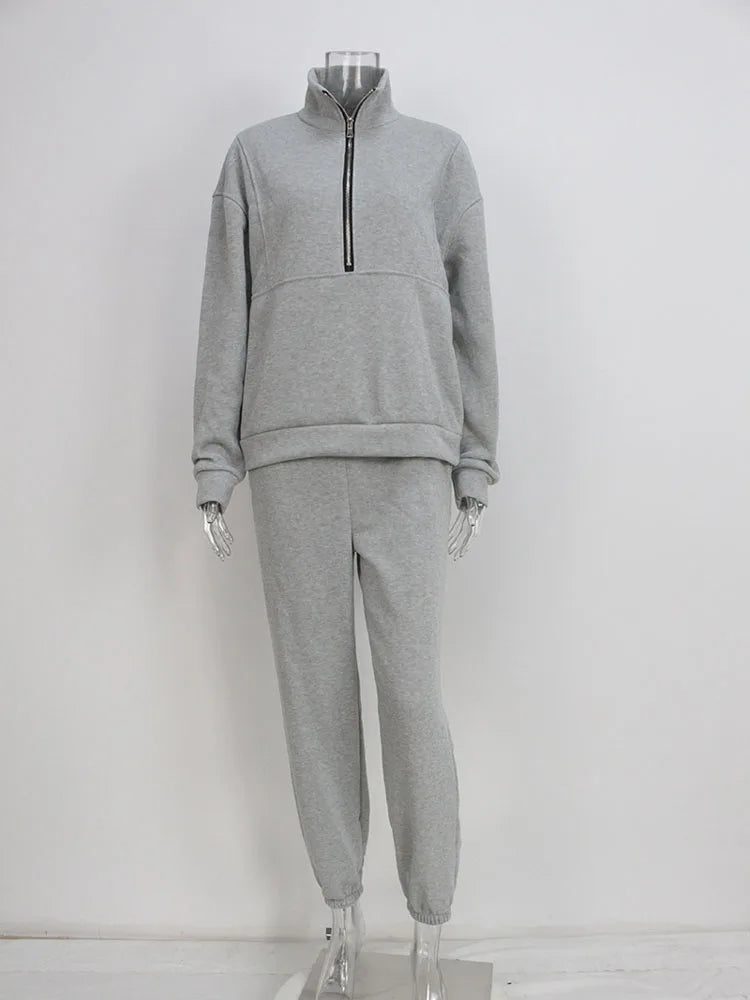 Sporty Sweatshirt Sets Two Pieces  Stand Collar Zip Long Sleeve Hoodie &High Elastic Sweat-pant Suits