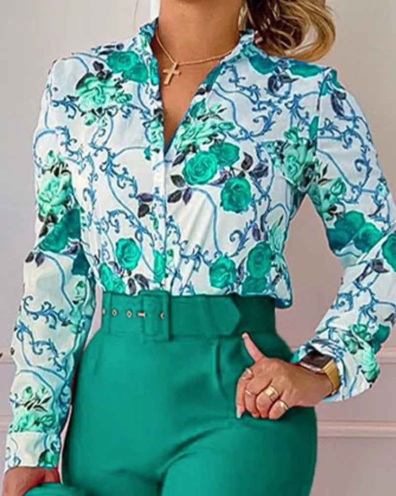 Stand Neck Floral Print Long Sleeve Shirt Pants Two Piece Sets Elegant Women Casual Shirt Trousers Suits With Belt
