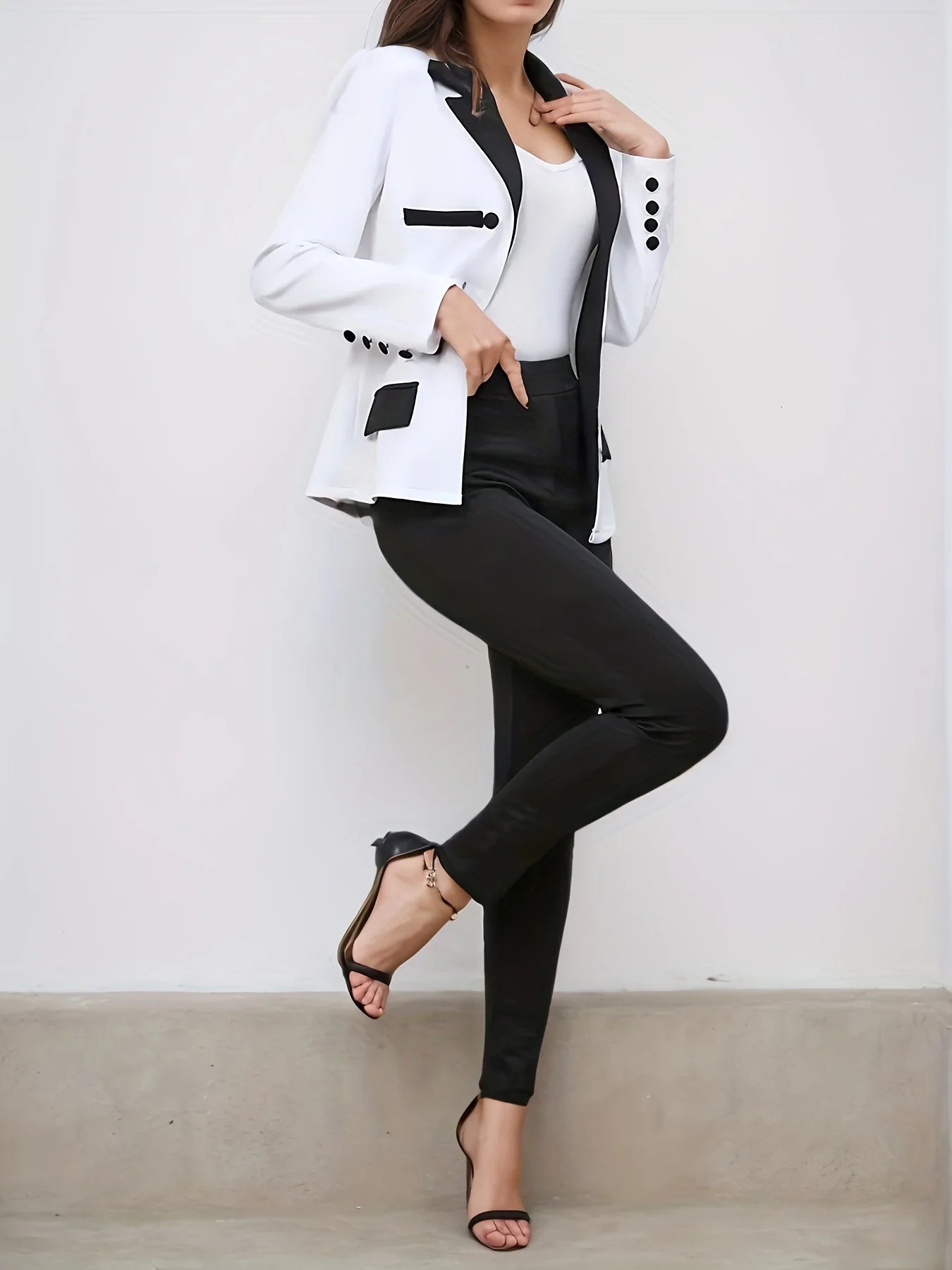 Color block two-piece set, casual button up front suit jacket and straight leg pants, women's clothing, fashionable