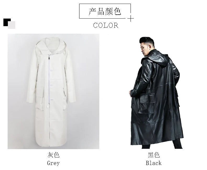 Spring Autumn Extra Long Black Loose Waterproof Windproof Soft Pu Leather Trench Coats Men with Hood Zip Up Overcoat