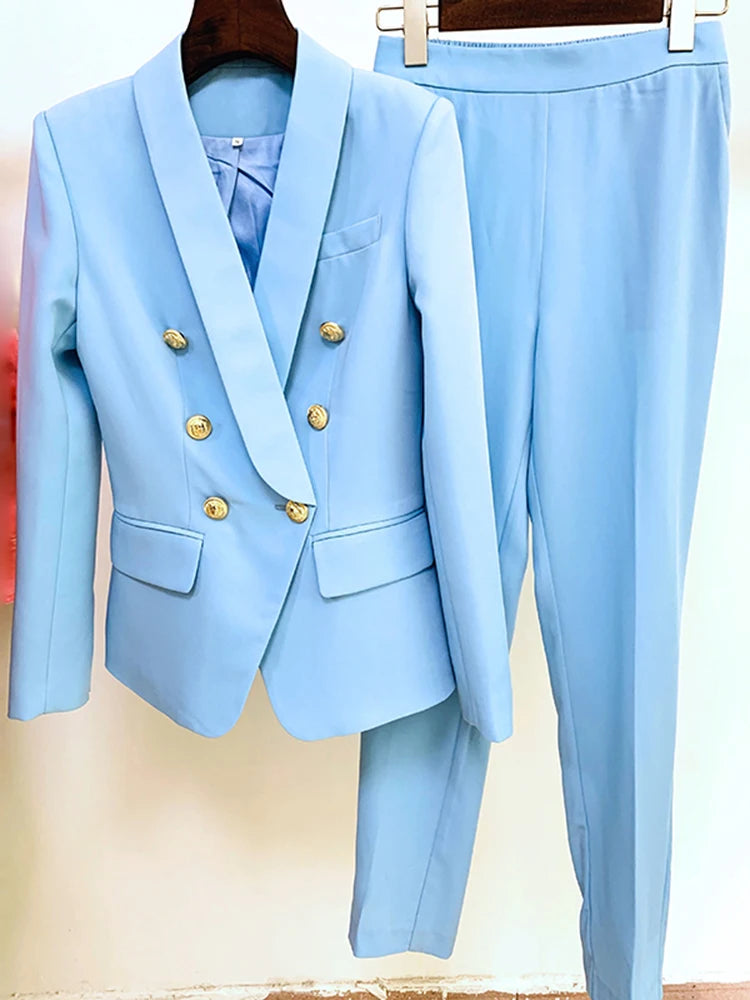 Designer Blazer Suit Set Women's Classic Shawl Collar Lion Buttons Double Breasted Blazer Pants Suit