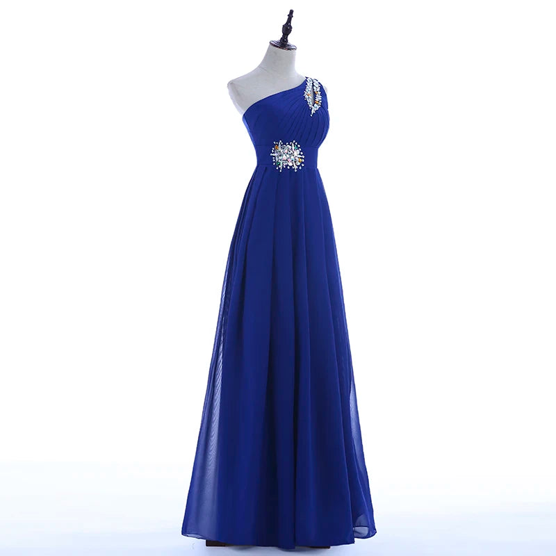 Women Robe De Soire Long Formal Blue Evening Dress Party One Shoulder Chiffon Lace-up Maxi Plus Size