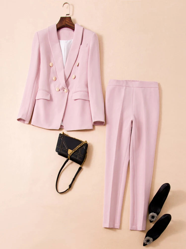 Designer Blazer Suit Set Women's Classic Shawl Collar Lion Buttons Double Breasted Blazer Pants Suit