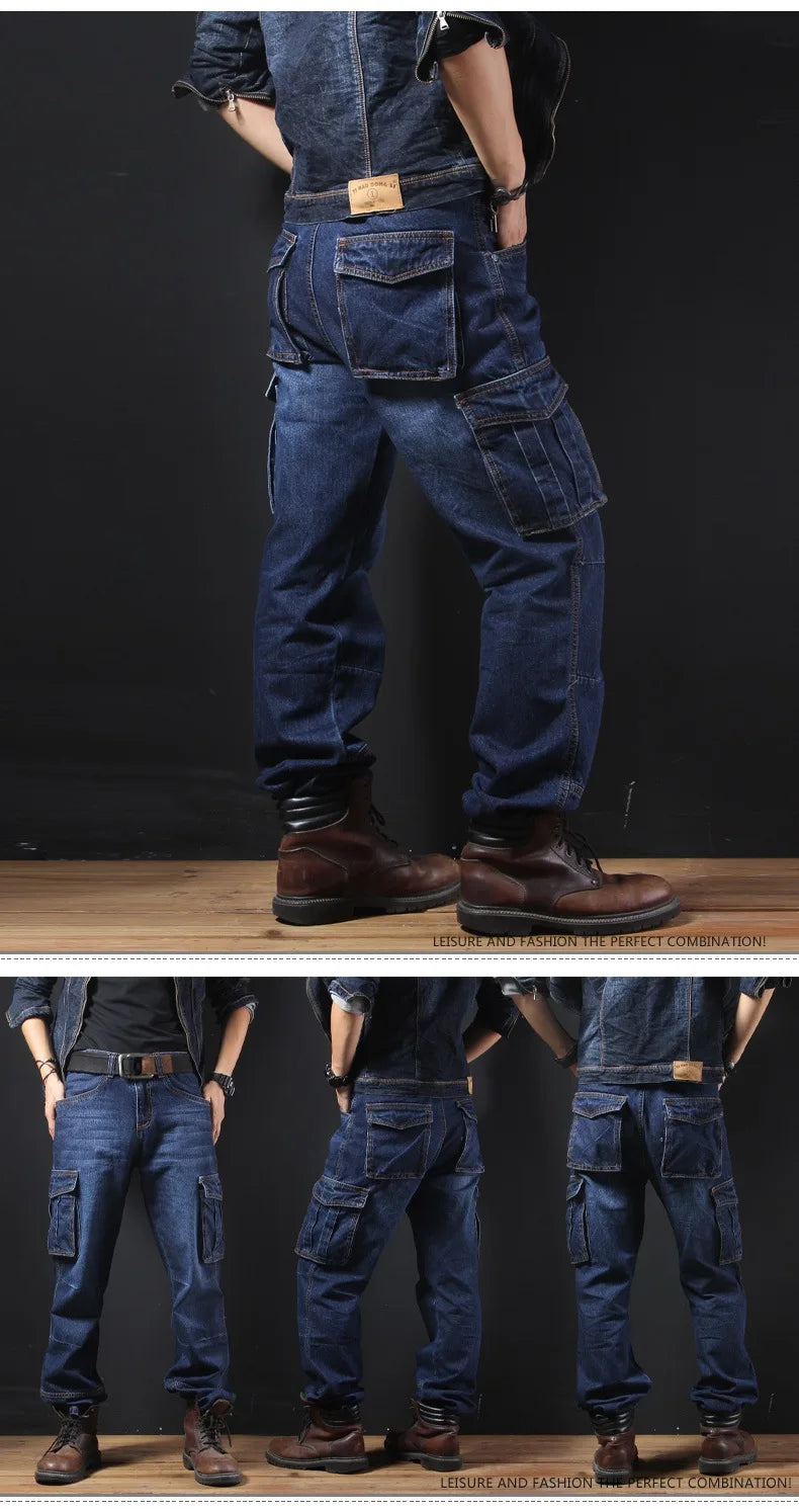 Men's Multi-Pocket Straight Cargo Jeans Loose Casual Jeans