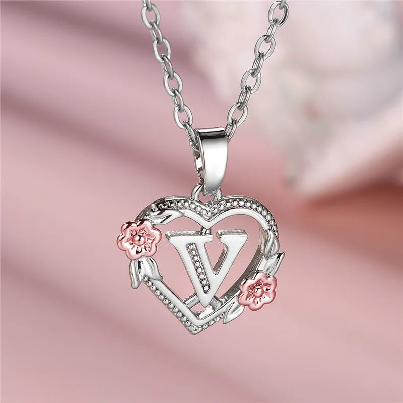 Cute Female A-Z Letter Flower Pendant Necklace Silver Color  Jewelry Gift For Women