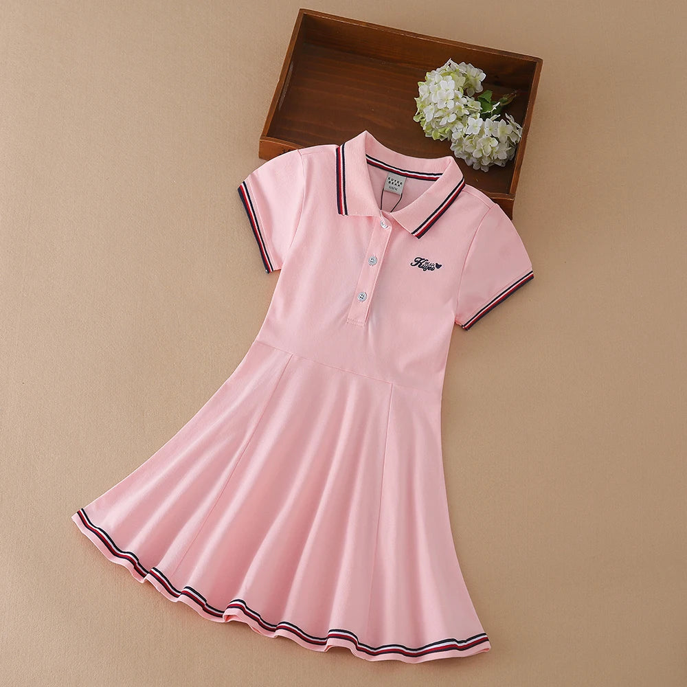 Girls Sport Dresses Cotton Turn-Down Collar Tennis Dress Short Sleeve Golf Dress for Children
