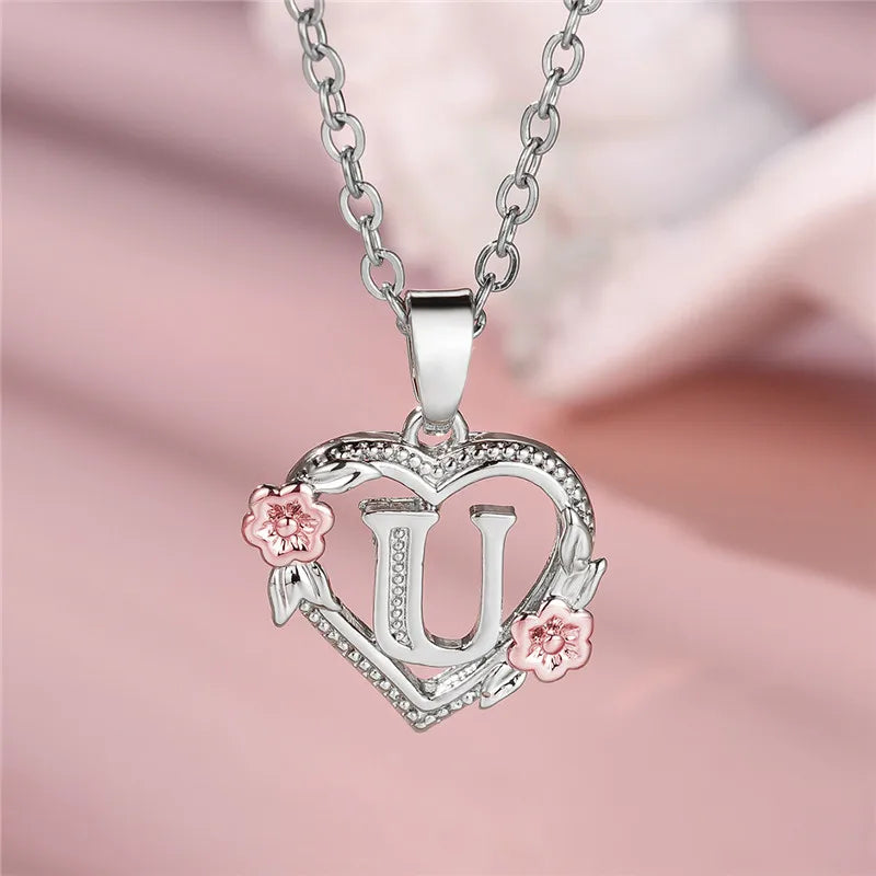 Cute Female A-Z Letter Flower Pendant Necklace Silver Color  Jewelry Gift For Women
