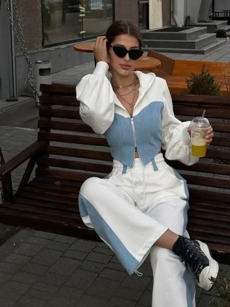 2 Piece Hoodie Sets Long Sleeve Zipper Women's Tracksuit New Crop Tops Wide Leg Sport Pants Set