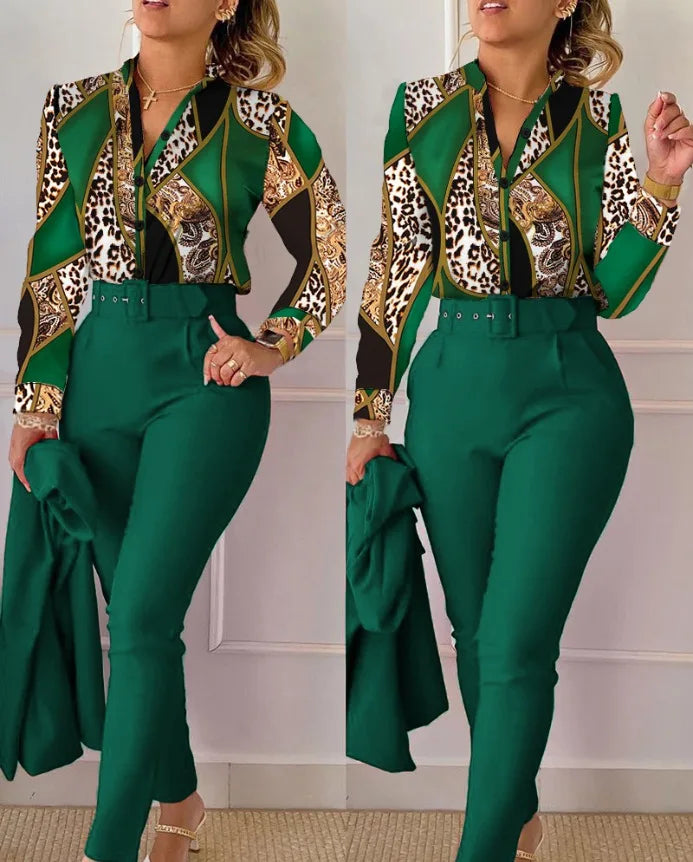 Stand Neck Floral Print Long Sleeve Shirt Pants Two Piece Sets Elegant Women Casual Shirt Trousers Suits With Belt