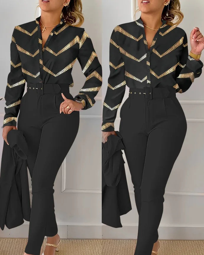 Stand Neck Floral Print Long Sleeve Shirt Pants Two Piece Sets Elegant Women Casual Shirt Trousers Suits With Belt