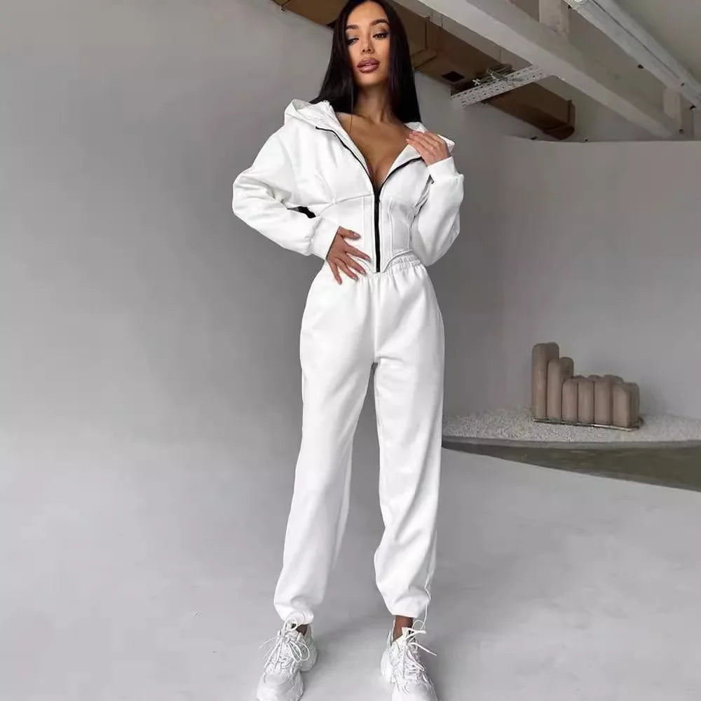 Autumn Solid Color Waist-Cinched Hooded Sweatshirt Long Pants 2-Piece Sporty Casual Set Women's Tracksuit Elegant