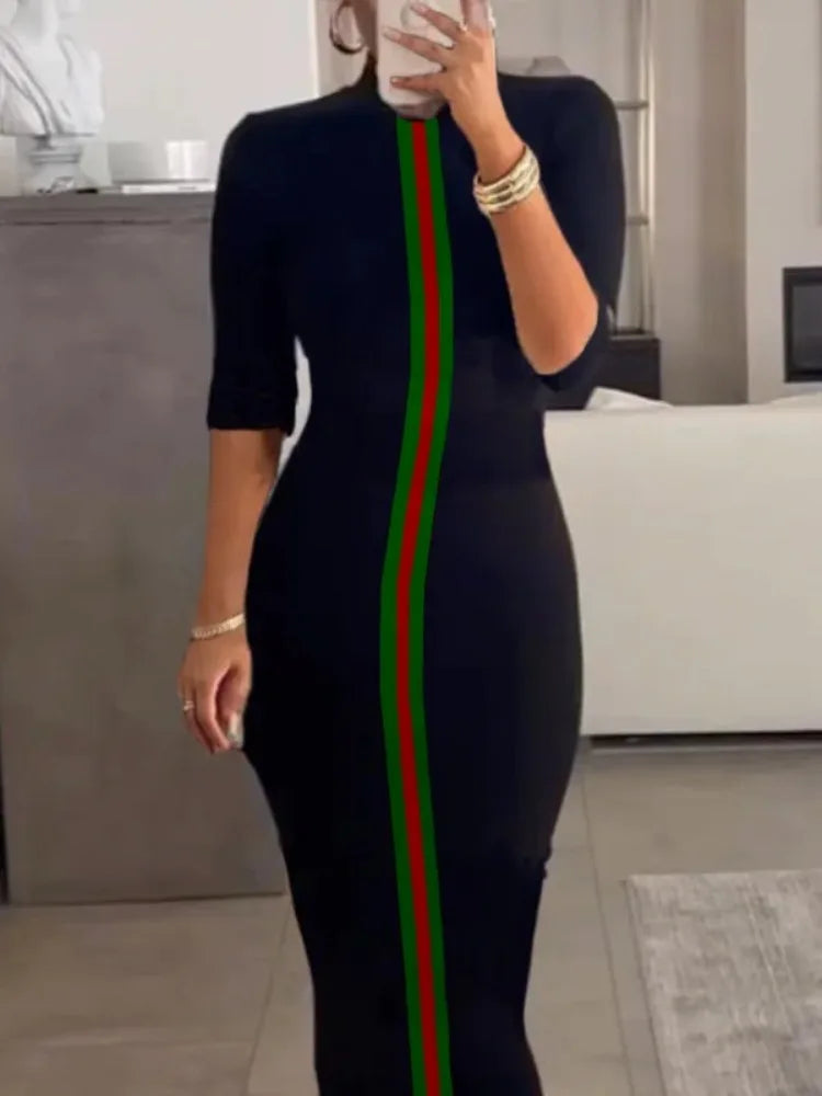 Contrast Color Striped Bodycon Dress Roun Neck Half Sleeves Slim Dresses
