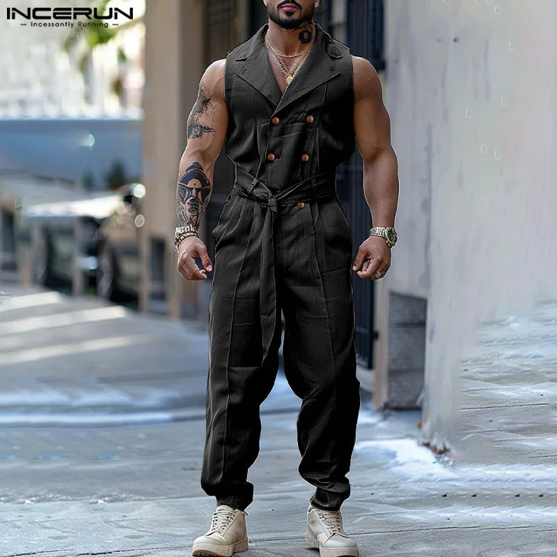 Men Jumpsuits Solid Color Double Breasted Lapel Sleeveless Lace Up Male Rompers Fashion Casual Overalls S-5XL