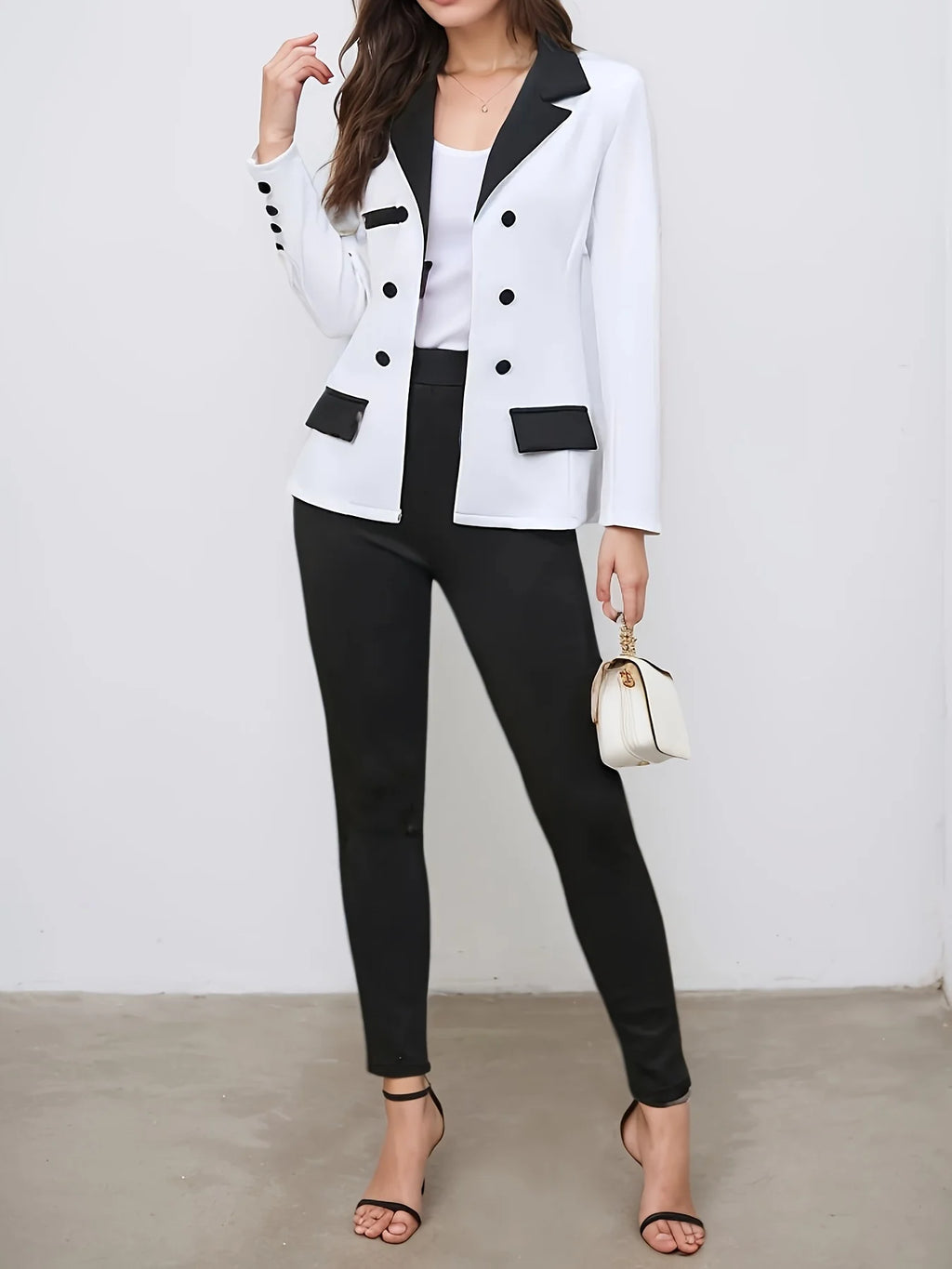 Color block two-piece set, casual button up front suit jacket and straight leg pants, women's clothing, fashionable