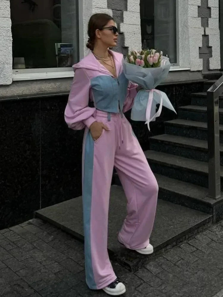 2 Piece Hoodie Sets Long Sleeve Zipper Women's Tracksuit New Crop Tops Wide Leg Sport Pants Set