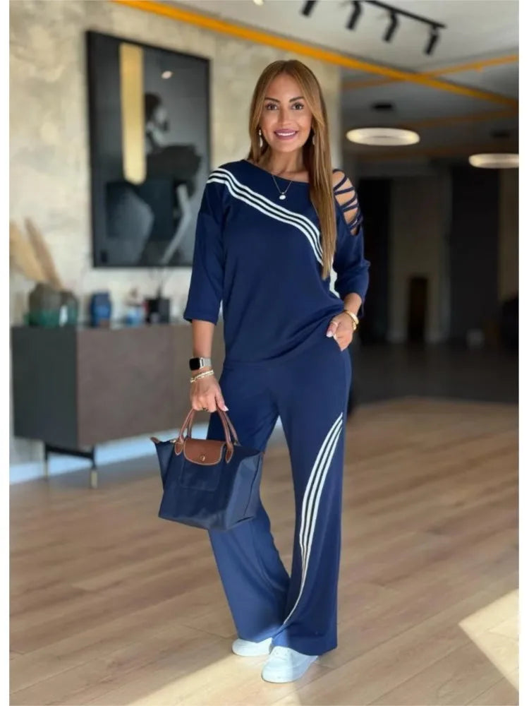 Fashion Printed Striped Cutout 7-inch Sleeve T-shirt Women Long Pants 2piece Set Autumn Casual Loose Sport Long Pants Set