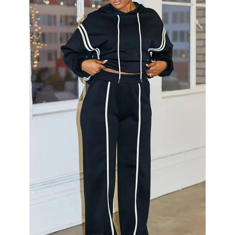 Two Piece Set of Casual Sports Striped Drawstring Hooded Long Sleeved Sweatshirt and Straight Leg Pants