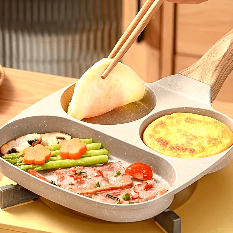 1pc 7.5" Multi-Section Non-Stick Aluminum Skillet with Rust-Resistant Handle, 3-Compartment Egg Pancake Pan for Kitchen Cookware