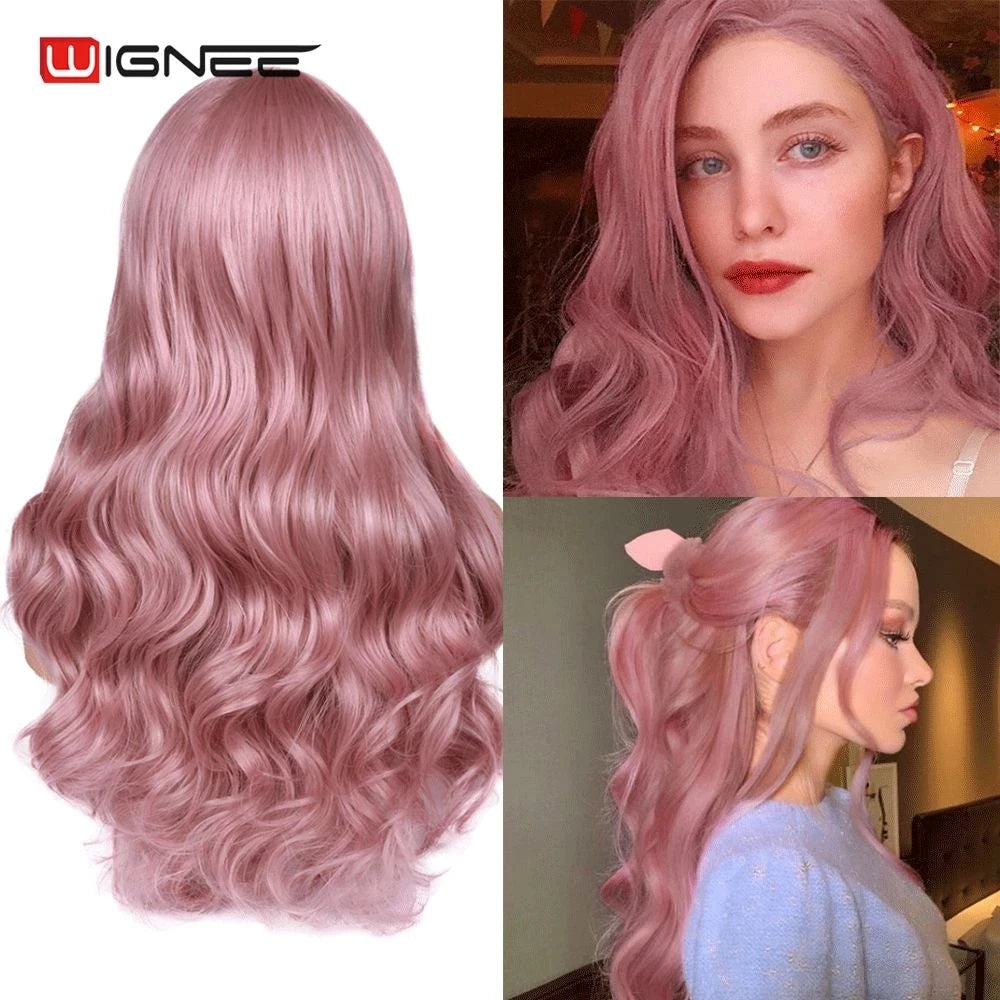 Light Blue Wig Synthetic Ombre Long Wavy Body Wave Side Part Heat Resistant Natural Hair Wigs