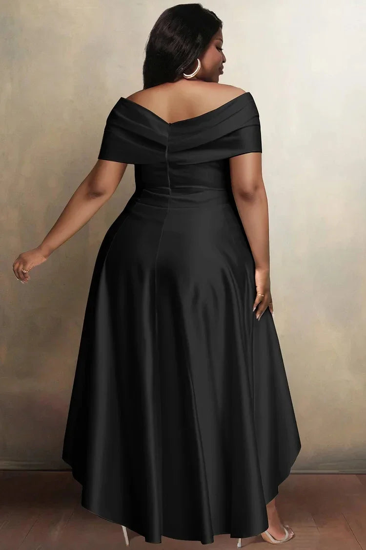 Elegant Dress for Women Irregular Hem Pleated A-Line Solid Neck High Waist Plus Size Long Dresses